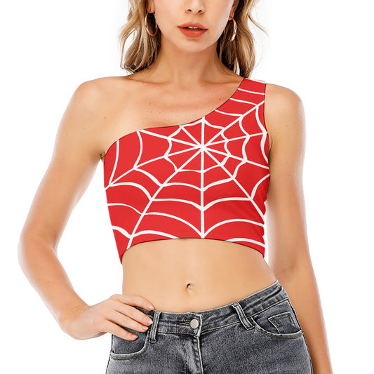 Red And White Spider Web Pattern Print One Shoulder Crop Top