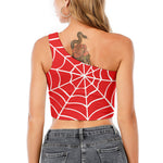 Red And White Spider Web Pattern Print One Shoulder Crop Top