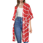 Red And White Spider Web Pattern Print Open Front Beach Cover Up