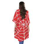 Red And White Spider Web Pattern Print Open Front Beach Cover Up