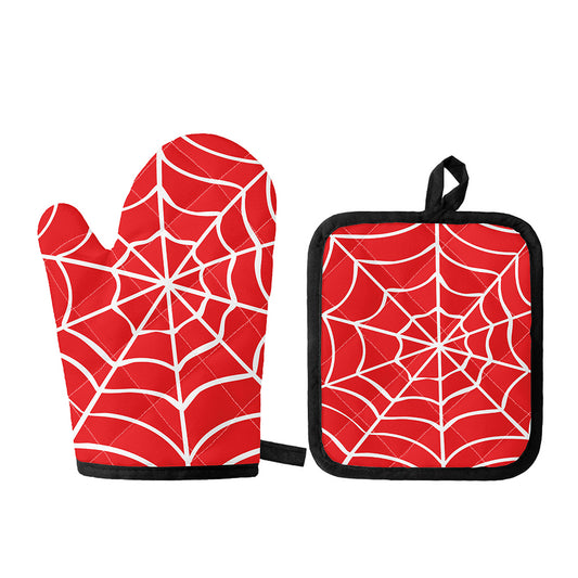 Red And White Spider Web Pattern Print Oven Mitt And Pot Holder Set