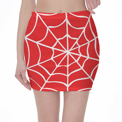 Red And White Spider Web Pattern Print Pencil Mini Skirt