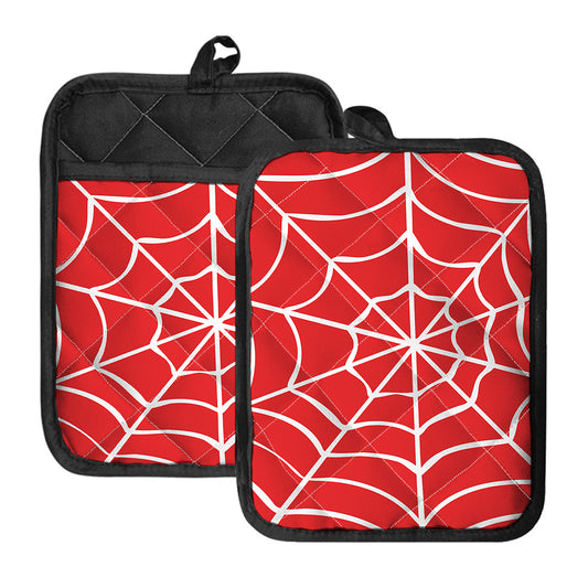 Red And White Spider Web Pattern Print Pot Holders With Pocket