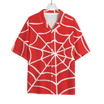 Red And White Spider Web Pattern Print Rayon Hawaiian Shirt
