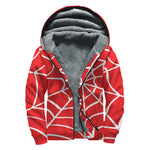 Red And White Spider Web Pattern Print Sherpa Lined Zip Up Hoodie