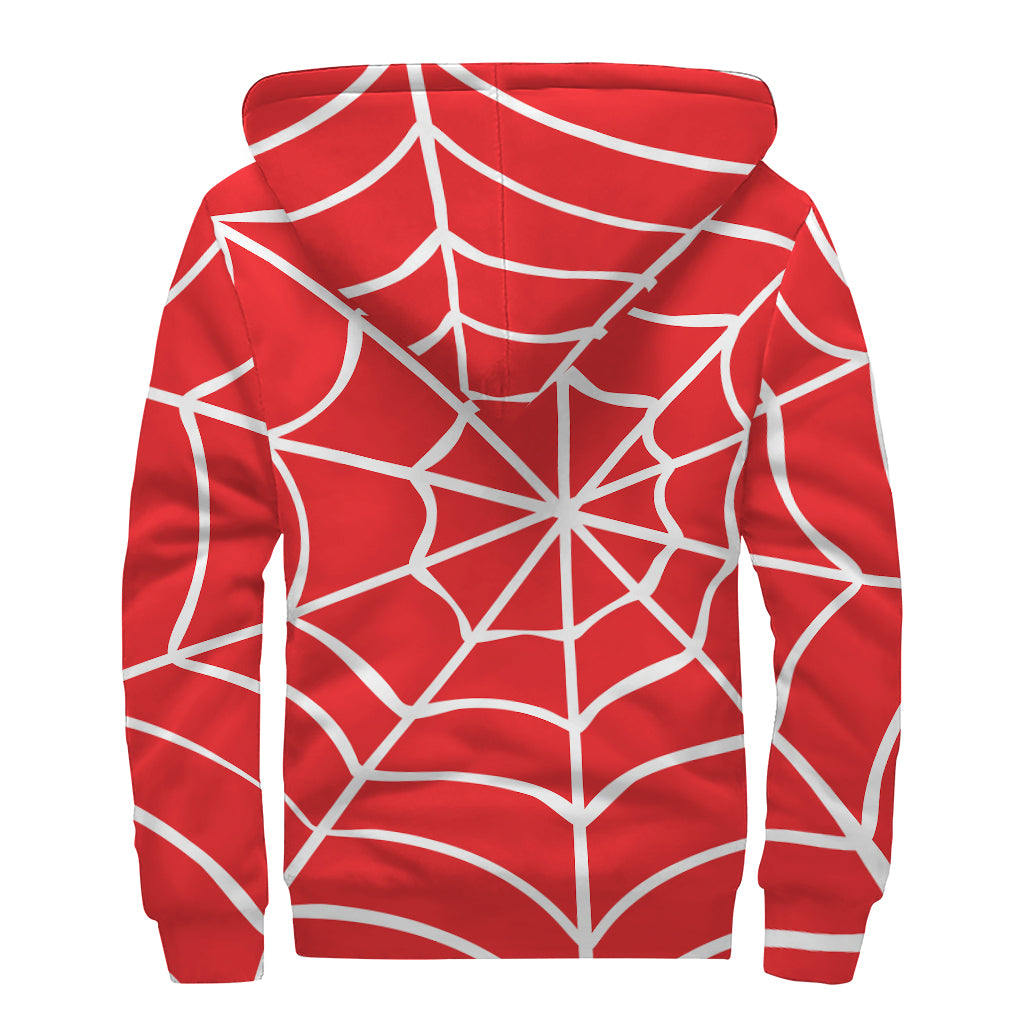 Red And White Spider Web Pattern Print Sherpa Lined Zip Up Hoodie