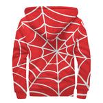 Red And White Spider Web Pattern Print Sherpa Lined Zip Up Hoodie