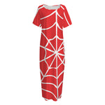 Red And White Spider Web Pattern Print Short Sleeve Long Nightdress