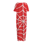 Red And White Spider Web Pattern Print Short Sleeve Long Nightdress