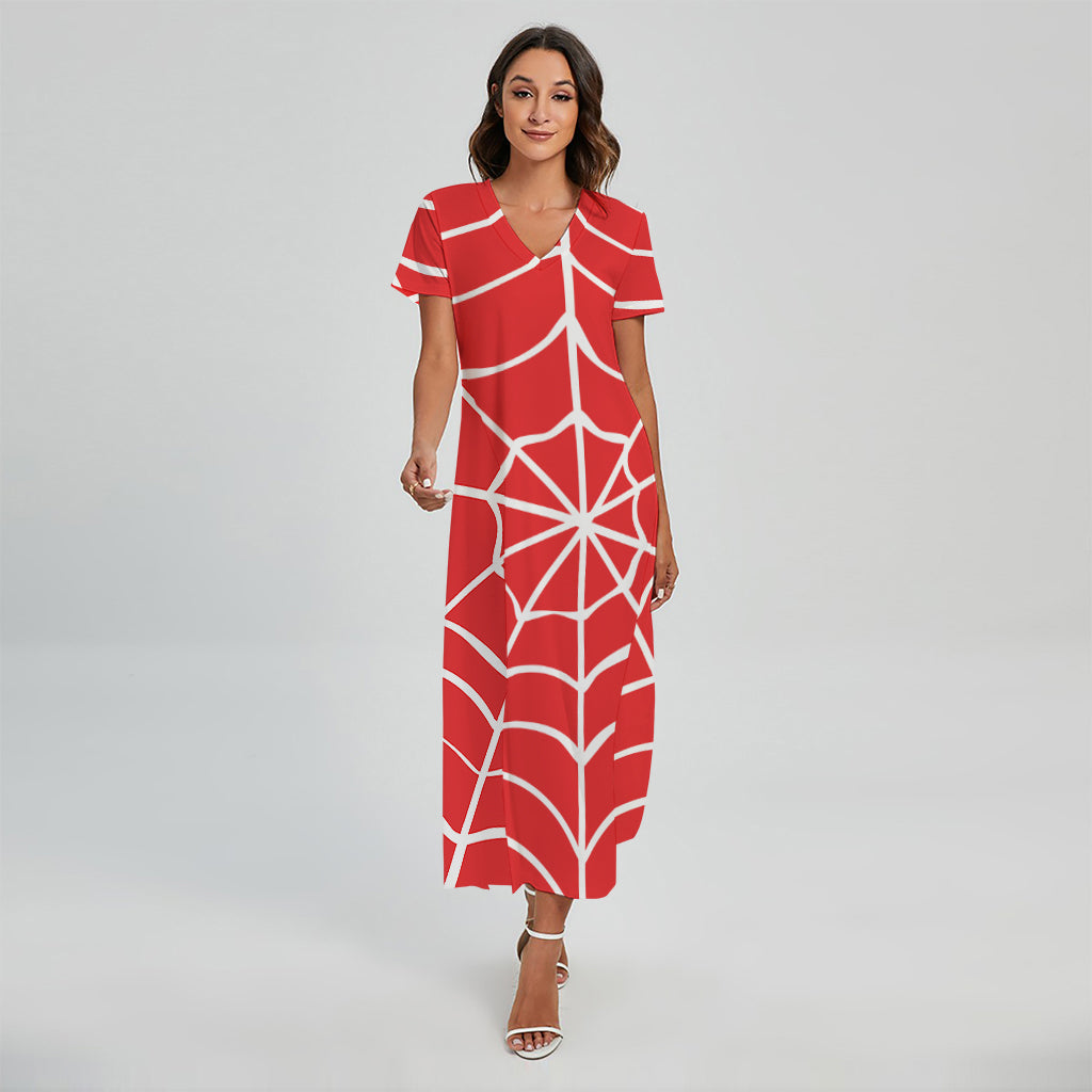 Red And White Spider Web Pattern Print Short Sleeve Maxi Dress