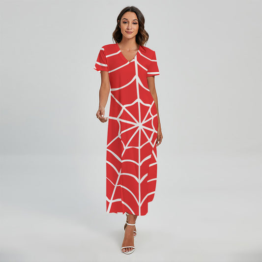 Red And White Spider Web Pattern Print Short Sleeve Maxi Dress