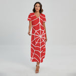 Red And White Spider Web Pattern Print Short Sleeve Maxi Dress