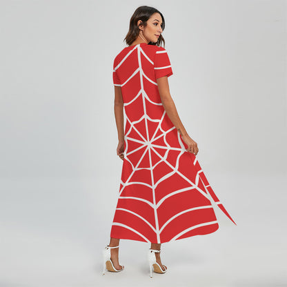Red And White Spider Web Pattern Print Short Sleeve Maxi Dress