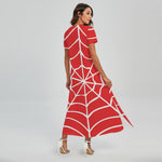 Red And White Spider Web Pattern Print Short Sleeve Maxi Dress