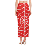 Red And White Spider Web Pattern Print Side Slit Maxi Skirt