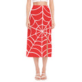 Red And White Spider Web Pattern Print Side Slit Midi Skirt