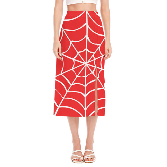 Red And White Spider Web Pattern Print Side Slit Midi Skirt