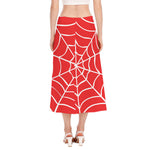 Red And White Spider Web Pattern Print Side Slit Midi Skirt