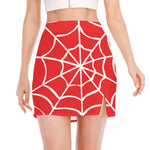 Red And White Spider Web Pattern Print Side Slit Mini Skirt