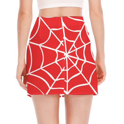 Red And White Spider Web Pattern Print Side Slit Mini Skirt