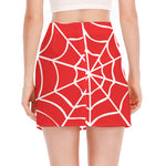 Red And White Spider Web Pattern Print Side Slit Mini Skirt