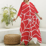 Red And White Spider Web Pattern Print Silk V-Neck Kaftan Dress