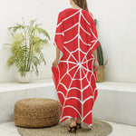 Red And White Spider Web Pattern Print Silk V-Neck Kaftan Dress