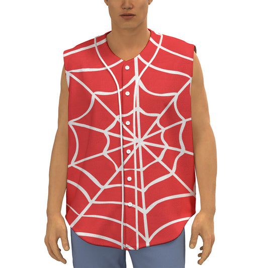 Red And White Spider Web Pattern Print Sleeveless Baseball Jersey