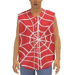 Red And White Spider Web Pattern Print Sleeveless Baseball Jersey
