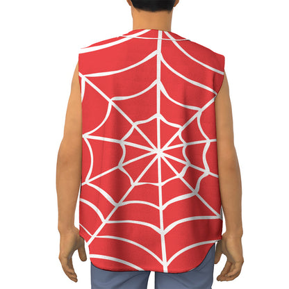 Red And White Spider Web Pattern Print Sleeveless Baseball Jersey