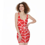 Red And White Spider Web Pattern Print Sleeveless Bodycon Dress