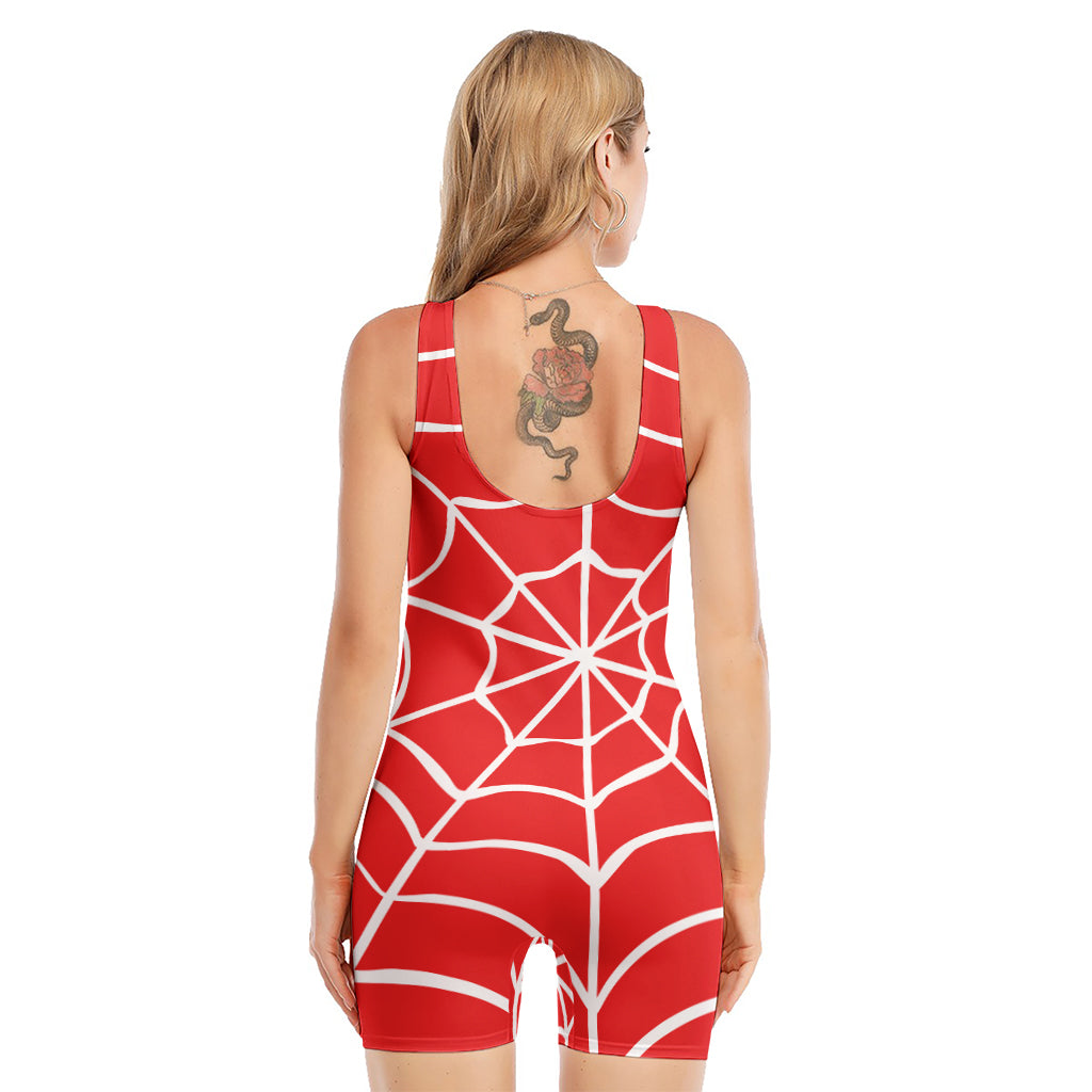 Red And White Spider Web Pattern Print Sleeveless One Piece Swimsuit