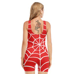 Red And White Spider Web Pattern Print Sleeveless One Piece Swimsuit
