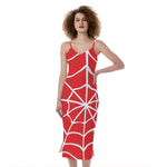 Red And White Spider Web Pattern Print Slim Fit Midi Cami Dress
