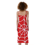 Red And White Spider Web Pattern Print Slim Fit Midi Cami Dress