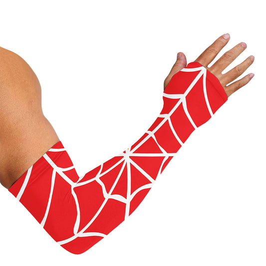 Red And White Spider Web Pattern Print Sun Protection Arm Sleeves