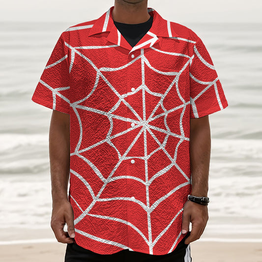 Red And White Spider Web Pattern Print Textured Short Sleeve Shirt