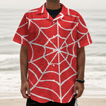 Red And White Spider Web Pattern Print Textured Short Sleeve Shirt