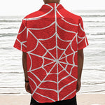 Red And White Spider Web Pattern Print Textured Short Sleeve Shirt