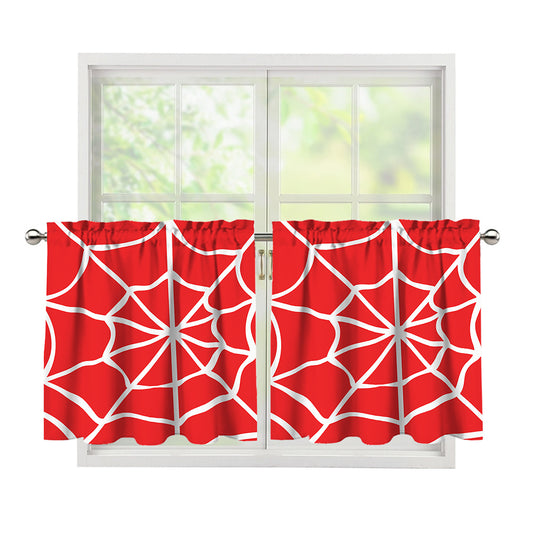 Red And White Spider Web Pattern Print Tier Curtains