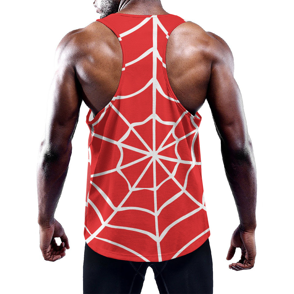 Red And White Spider Web Pattern Print Training Tank Top