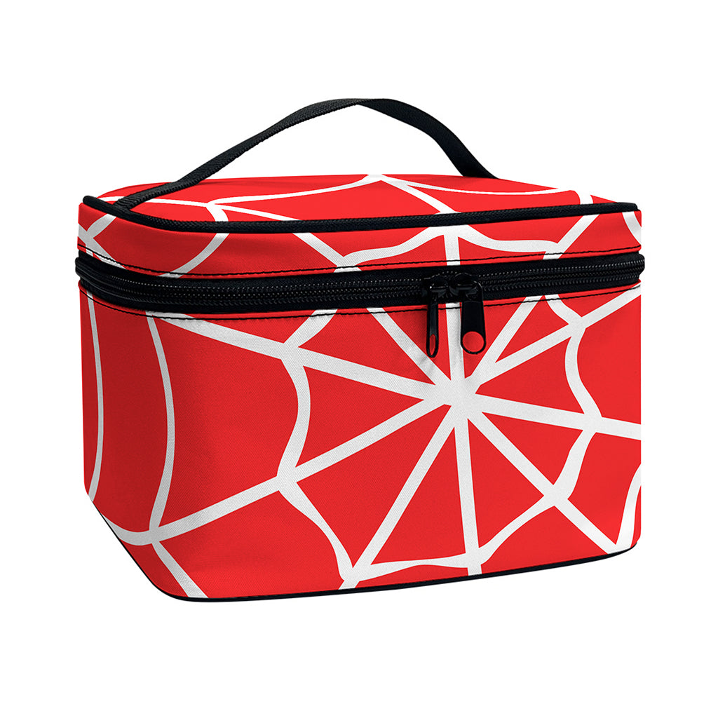 Red And White Spider Web Pattern Print Travel Makeup Bag