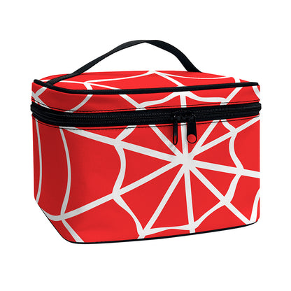 Red And White Spider Web Pattern Print Travel Makeup Bag