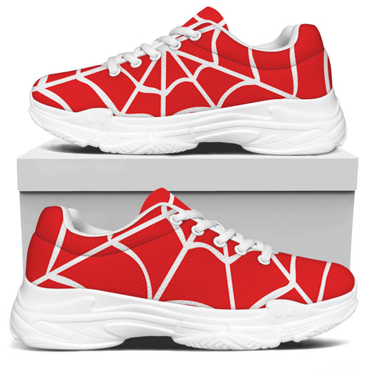 Red And White Spider Web Pattern Print White Chunky Shoes