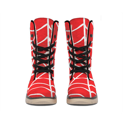 Red And White Spider Web Pattern Print Winter Boots