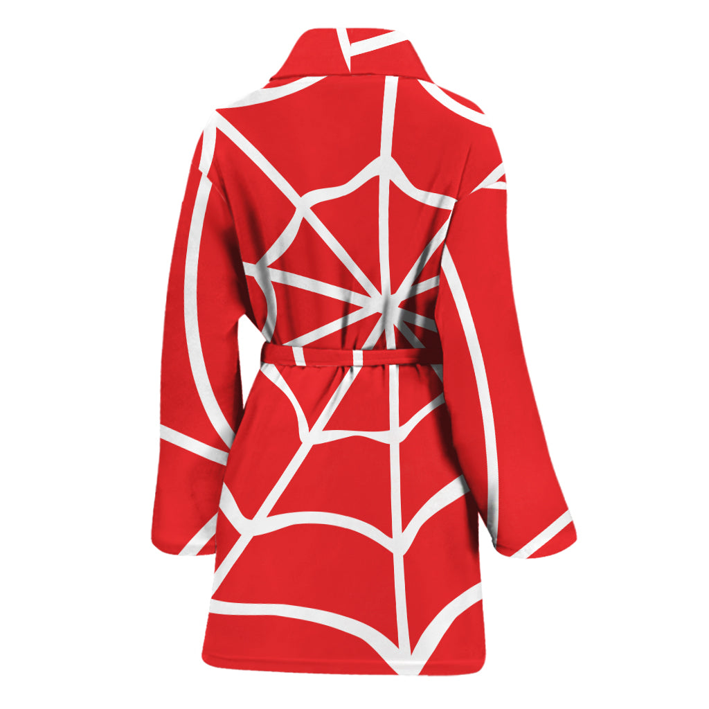 Red And White Spider Web Pattern Print Women's Bathrobe