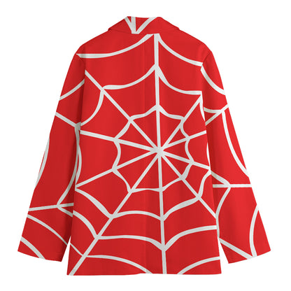 Red And White Spider Web Pattern Print Women's Blazer