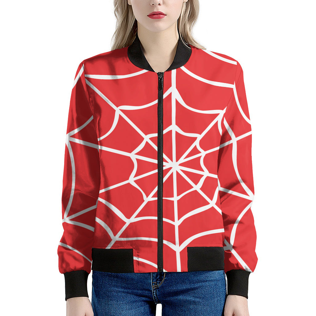 Red And White Spider Web Pattern Print Women's Bomber Jacket