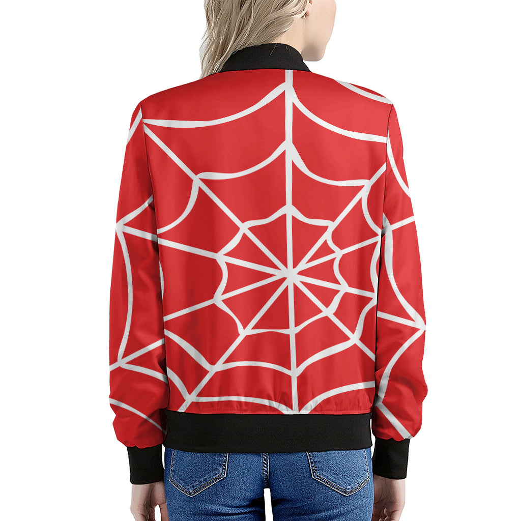 Red And White Spider Web Pattern Print Women's Bomber Jacket