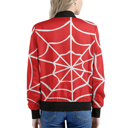 Red And White Spider Web Pattern Print Women's Bomber Jacket